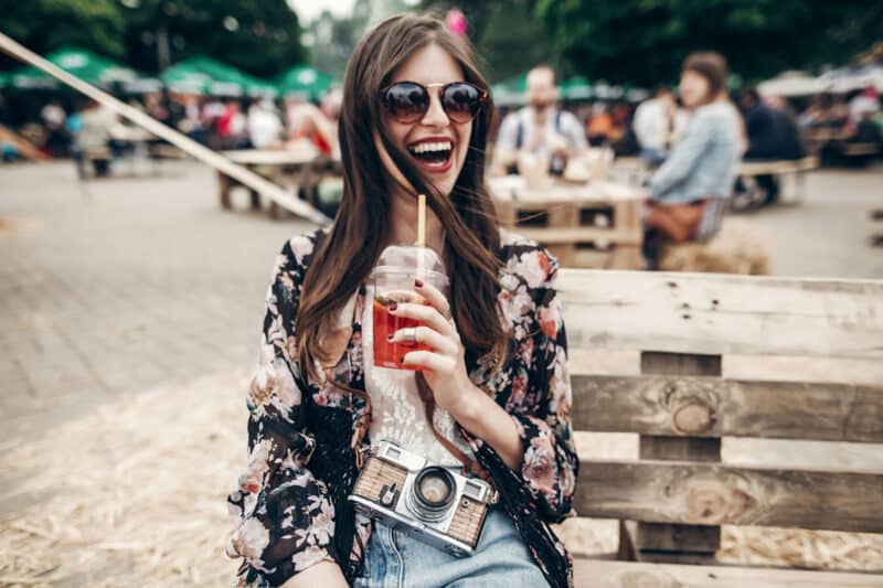 Happy,Stylish,Hipster,Woman,In,Sunglasses,With,Lemonade,,Smiling.,Boho